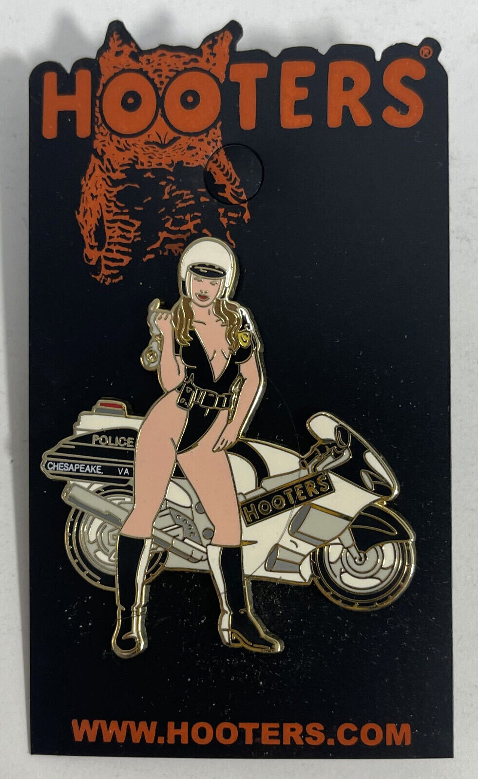 CHESAPEAKE, VA - HOOTERS SEXY POLICE OFFICER GIRL WOMAN w/ MOTORCYCLE LAPEL PIN