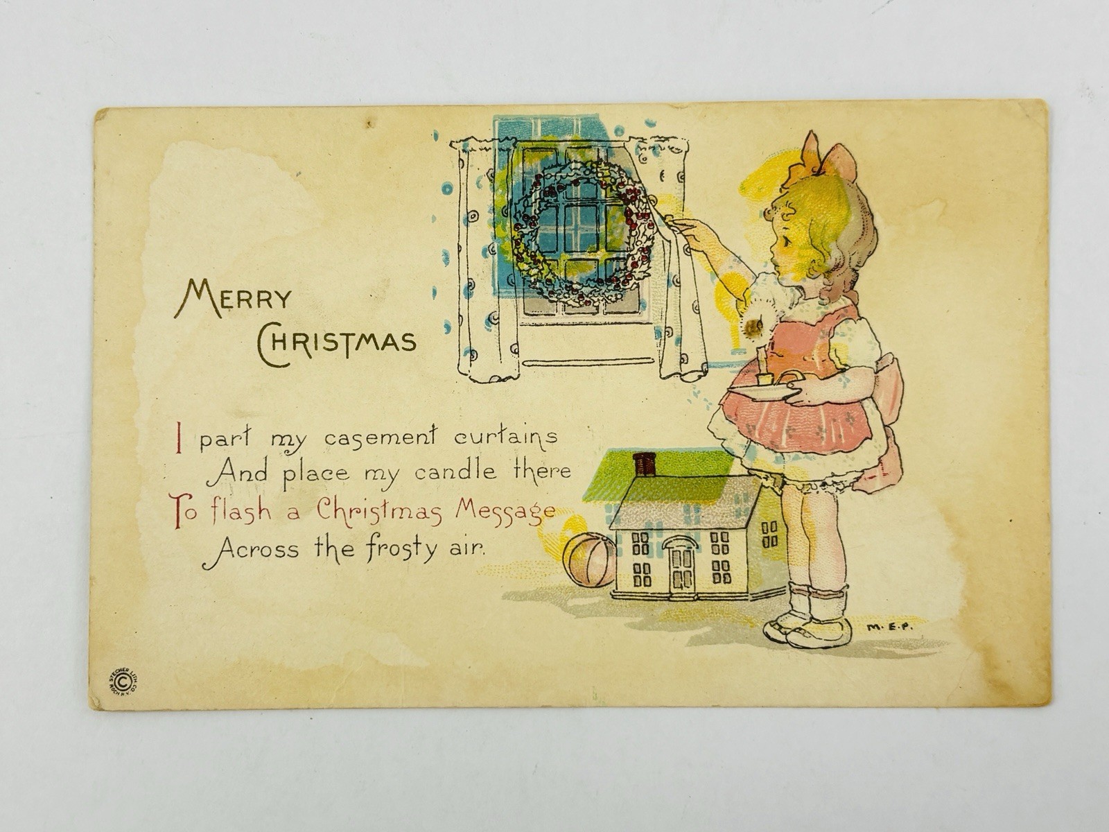 Antique 1910s Merry Christmas Girl Candle Window Poem Postcard Unused USA