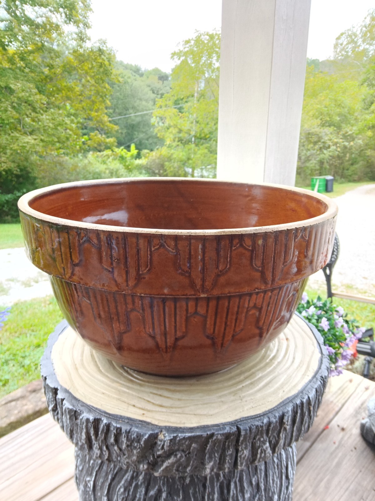 Antique Dark Brown Glazed Mixing Bowl Unique Pattern 12\
