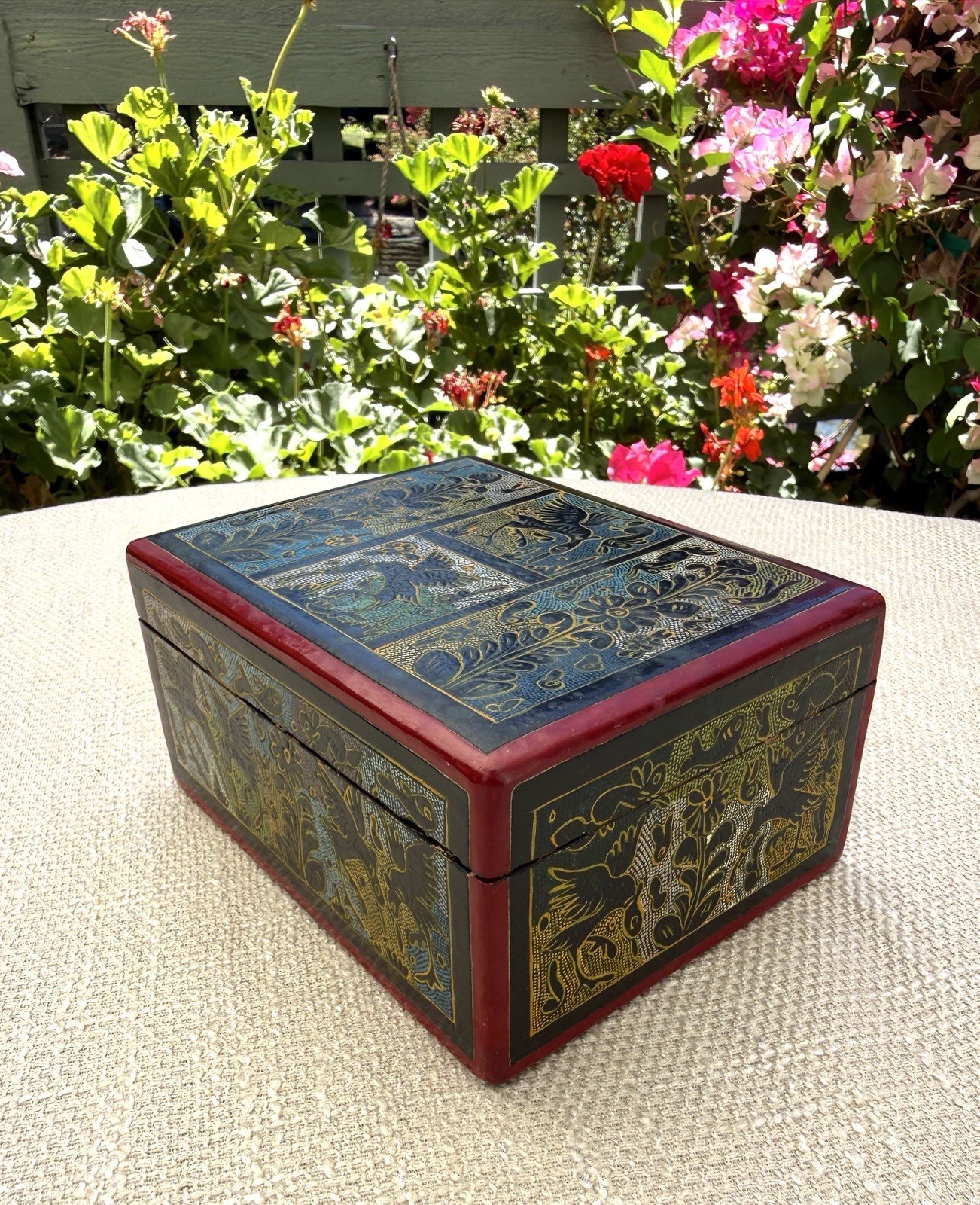 Vintage Olinala Mexico Lacquer Wood Box Birds Animals Folk Art Guerrero 6”