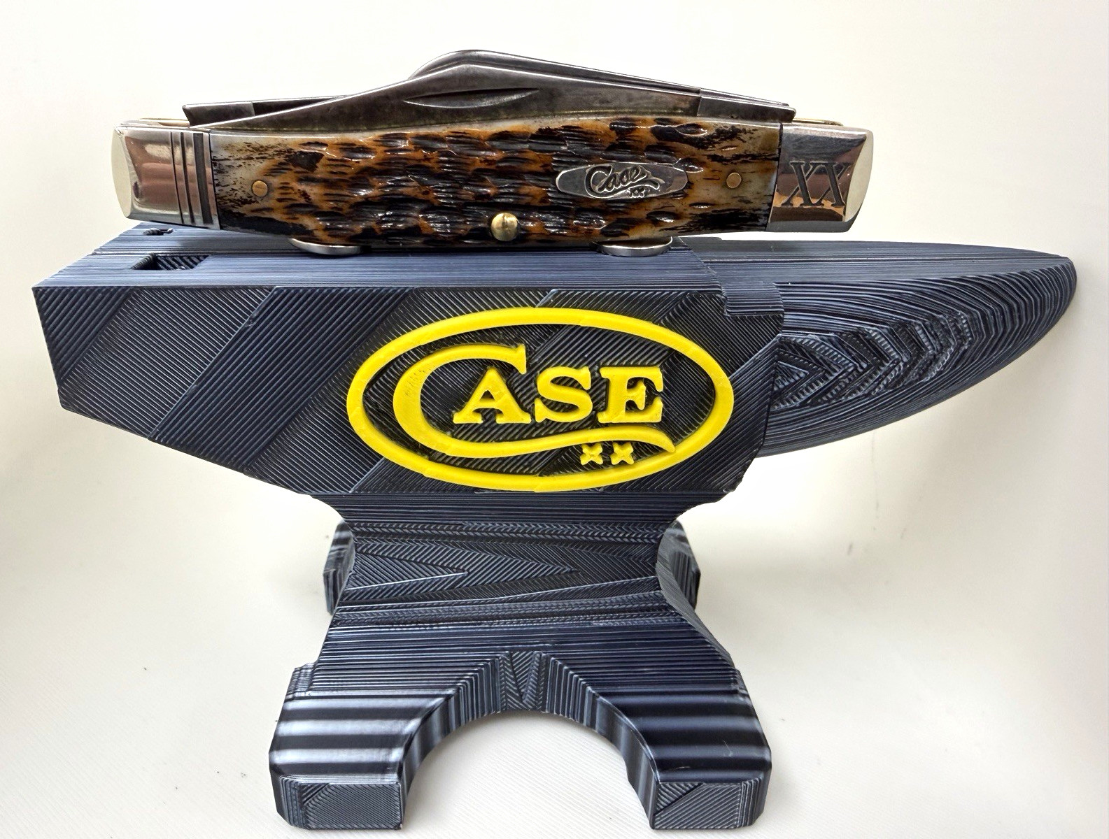 Custom Case XX Knife Dark Amber Bone Stonewashed Blades + 3D Anvil Display