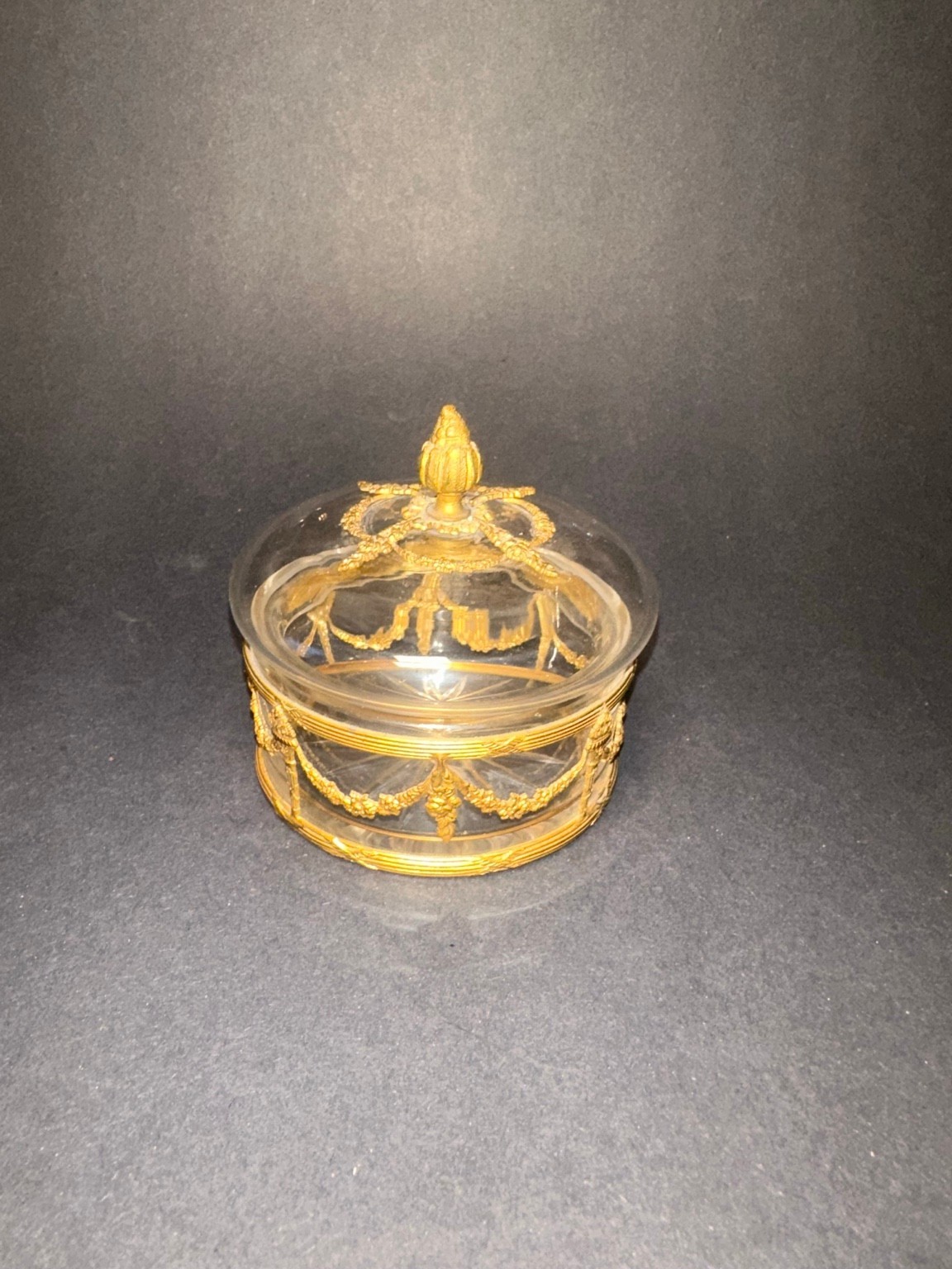 Vintage Glass Trinket Box Gold Tone Ormolu Style Garland Acorn Finial Lidded