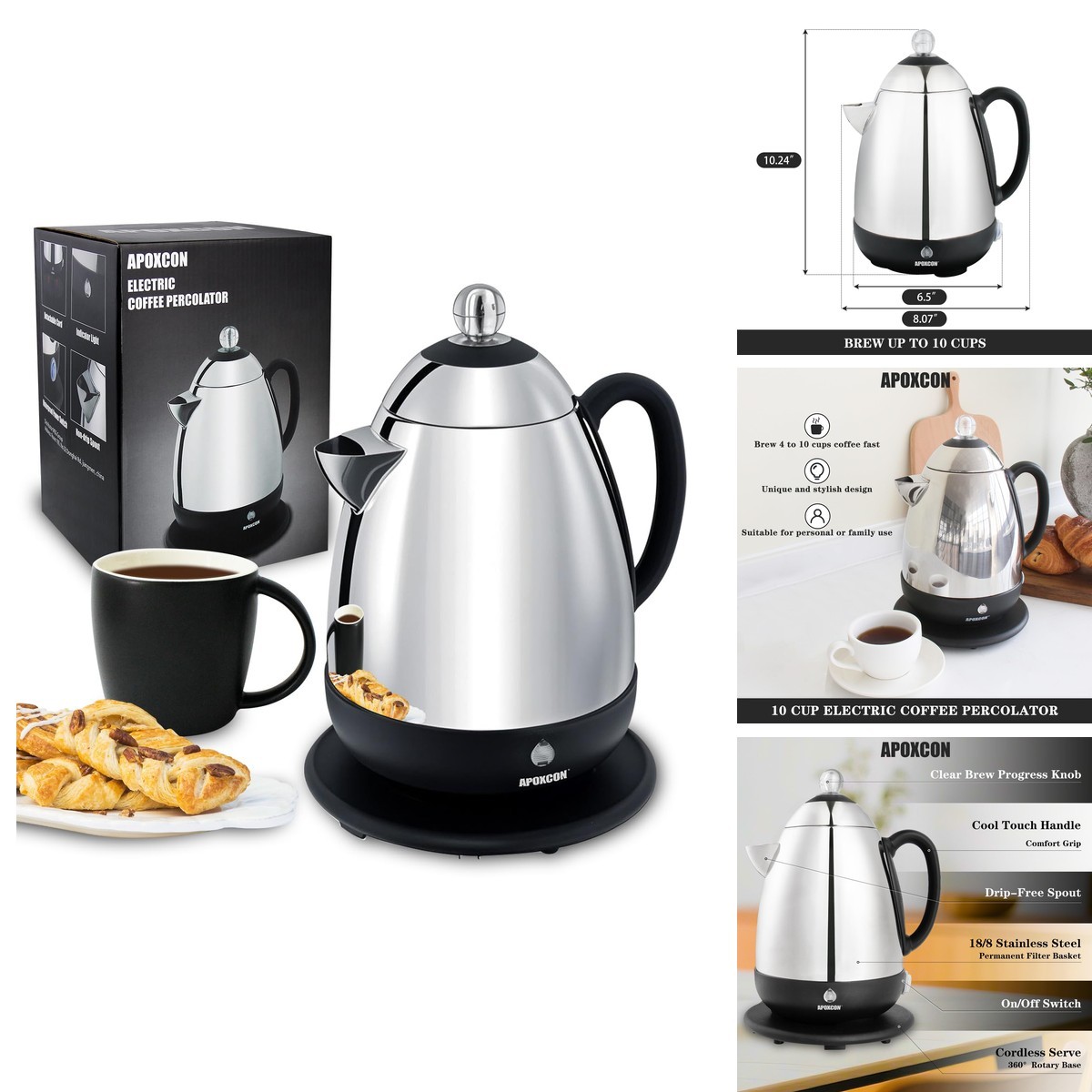 APOXCON Electric Coffee Percolator, Stainless Steel, 10 Cup, Silver