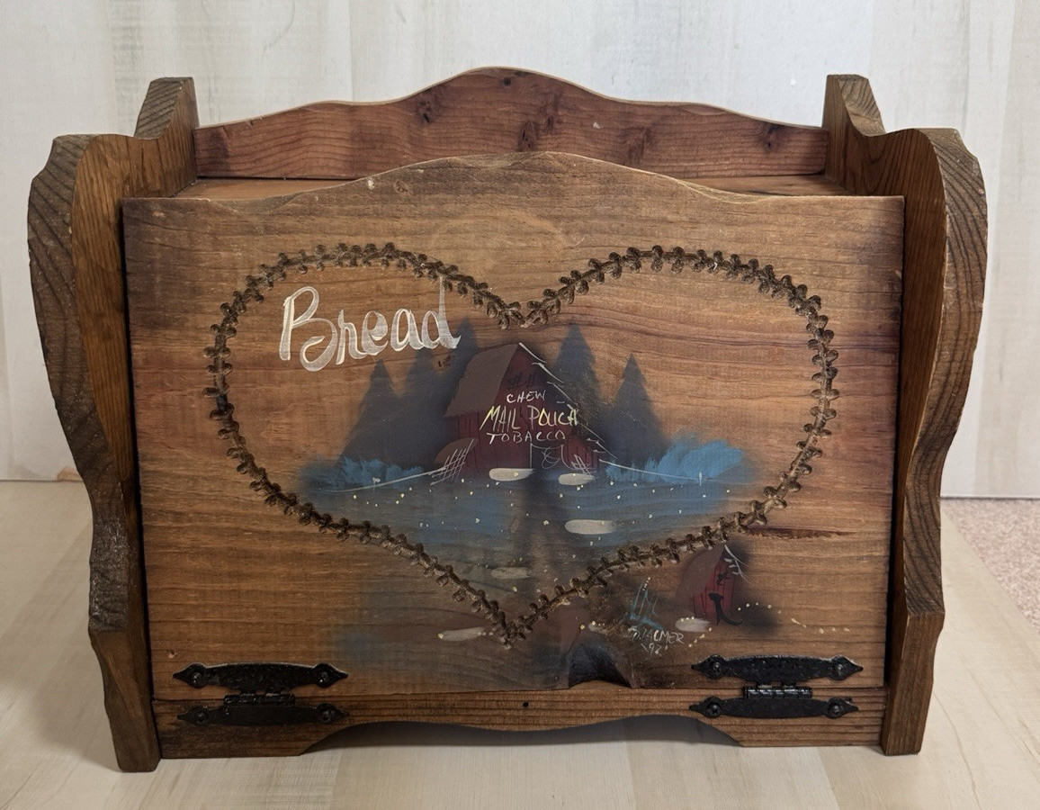 VTG Wooden Bread Box Drop-Front Lid Painted Heart Folk Art Barn Brown 16x12x9