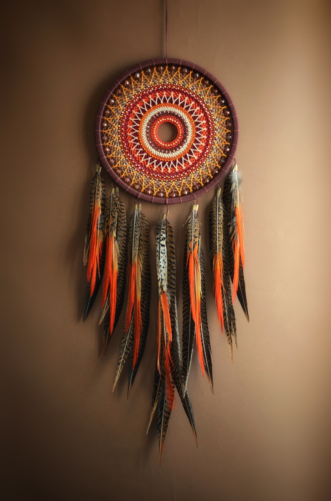 Large Handmade Red Orange Dream Catcher Mandala Feathers Boho Wall Hanging Decor