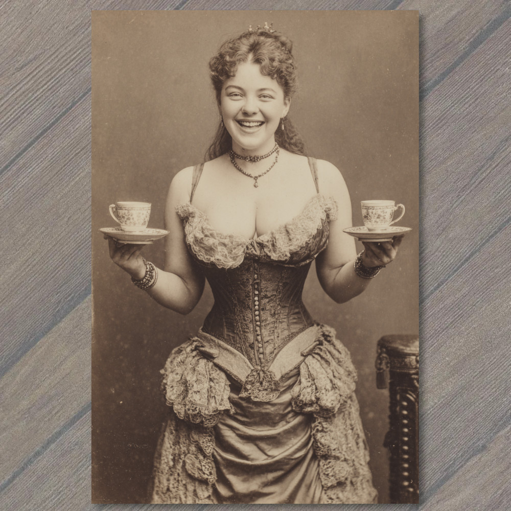 POSTCARD Victorian Woman Corset Holding Tea Cups Sepia Antique Humor