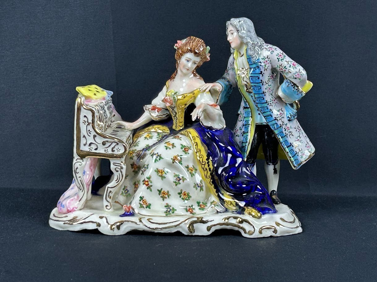 Vintage Regula German Porcelain Courting Couple Spinet Piano Figurine Crown R