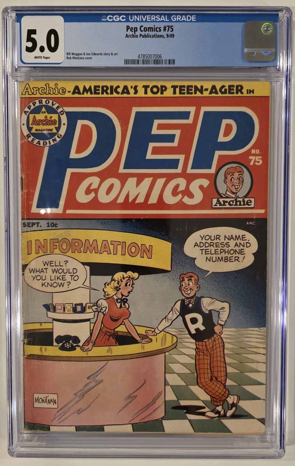 PEP COMICS #75 CGC 5.0 ARCHIE PUBLICATIONS 1949 GOLDEN AGE BOB MONTANA