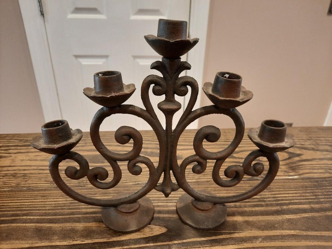 Antique Ornate Iron Candleabra Heavy 5+ pounds 5 Candles Iron Table Candles Z