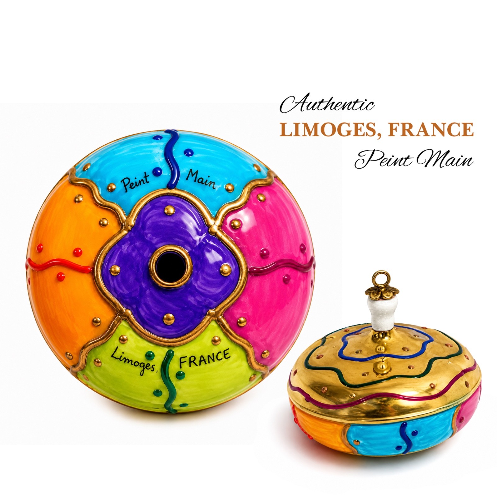 Rare Limoges France Peint Main Spin Top Porcelain Christmas Ornament