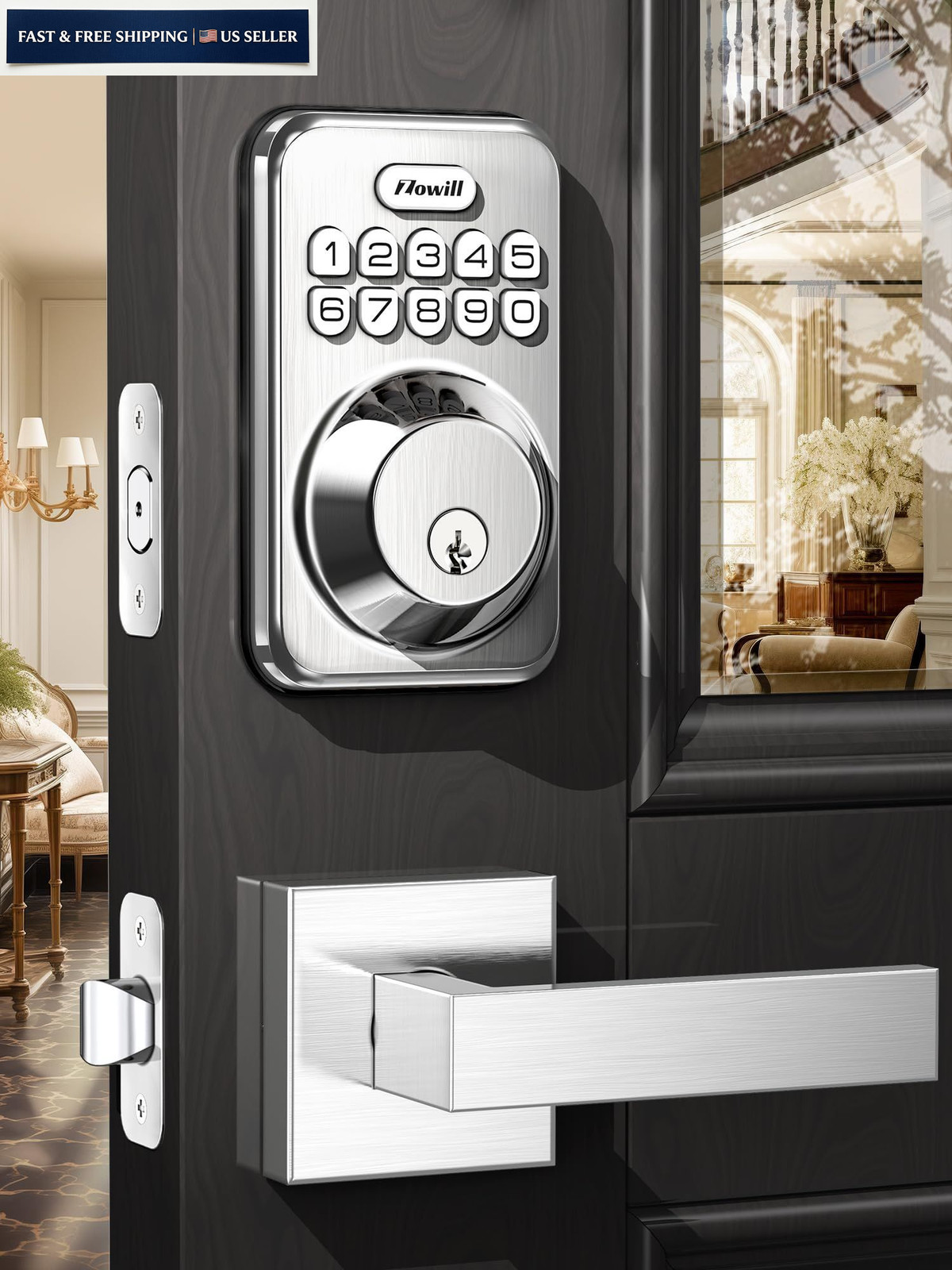 Zowill Keyless Entry Door Lock with 2 Lever Handles, Electronic Satin Nickel