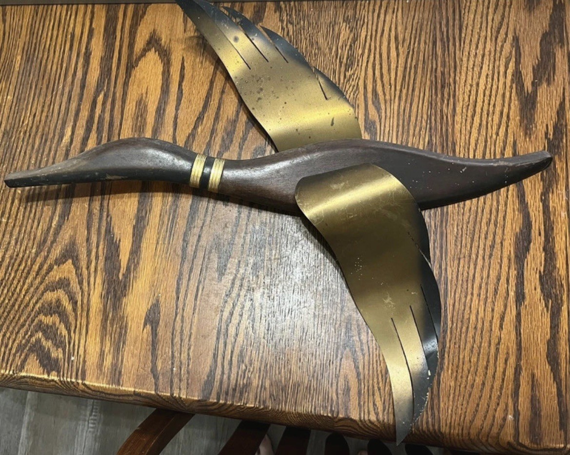 Vintage MCM Teak & Brass Flying Geese Ducks Mallard Wall Decor Masketeers