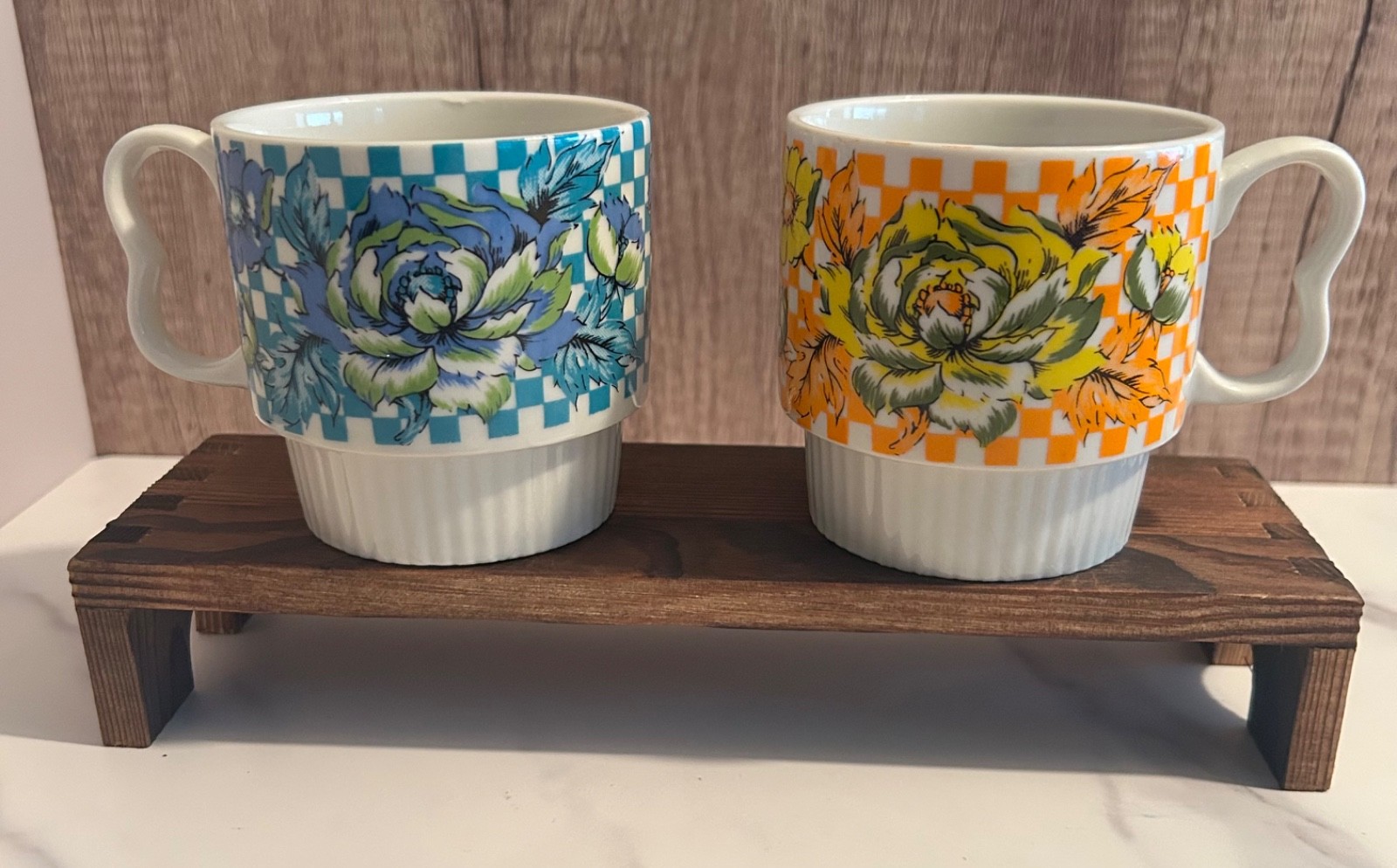 Vtg 1970s Stacking Ceramic Coffee Mugs Pair Teal Orange Checkered Floral Japan