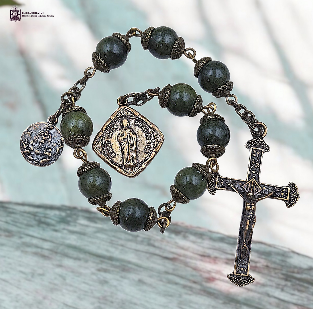 Healing Saints St Jude & Archangel Raphael Chaplet - Heirloom Bronze, Green Jade