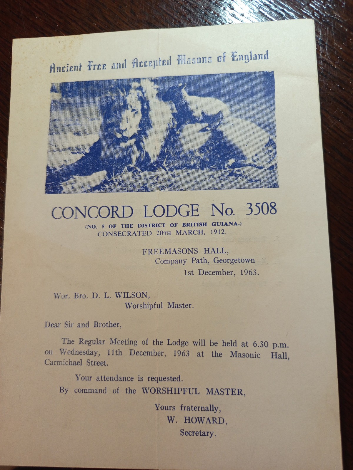 1963 Concord Lodge 3508 No. 5 District British Guiana Freemasonry  masonic/961
