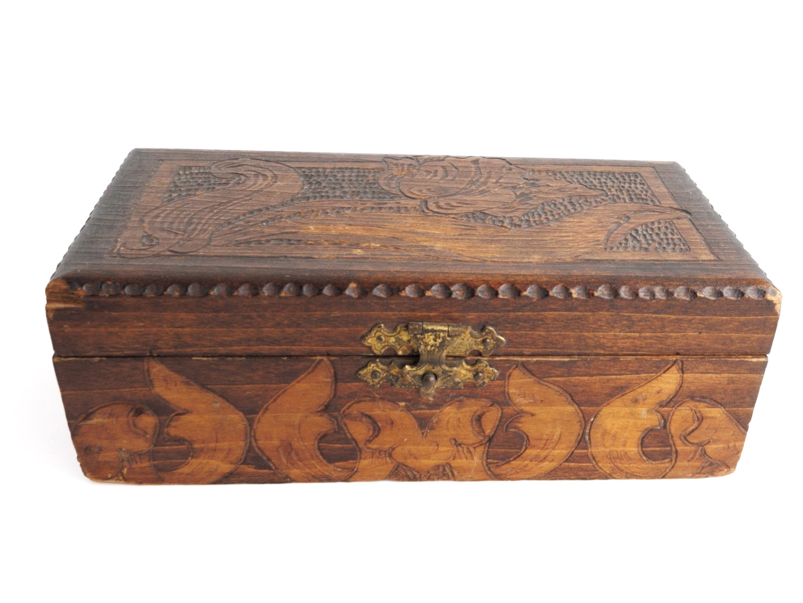 Pyrography Box Antique Art Nouveau Brown Wood Floral Pattern 
