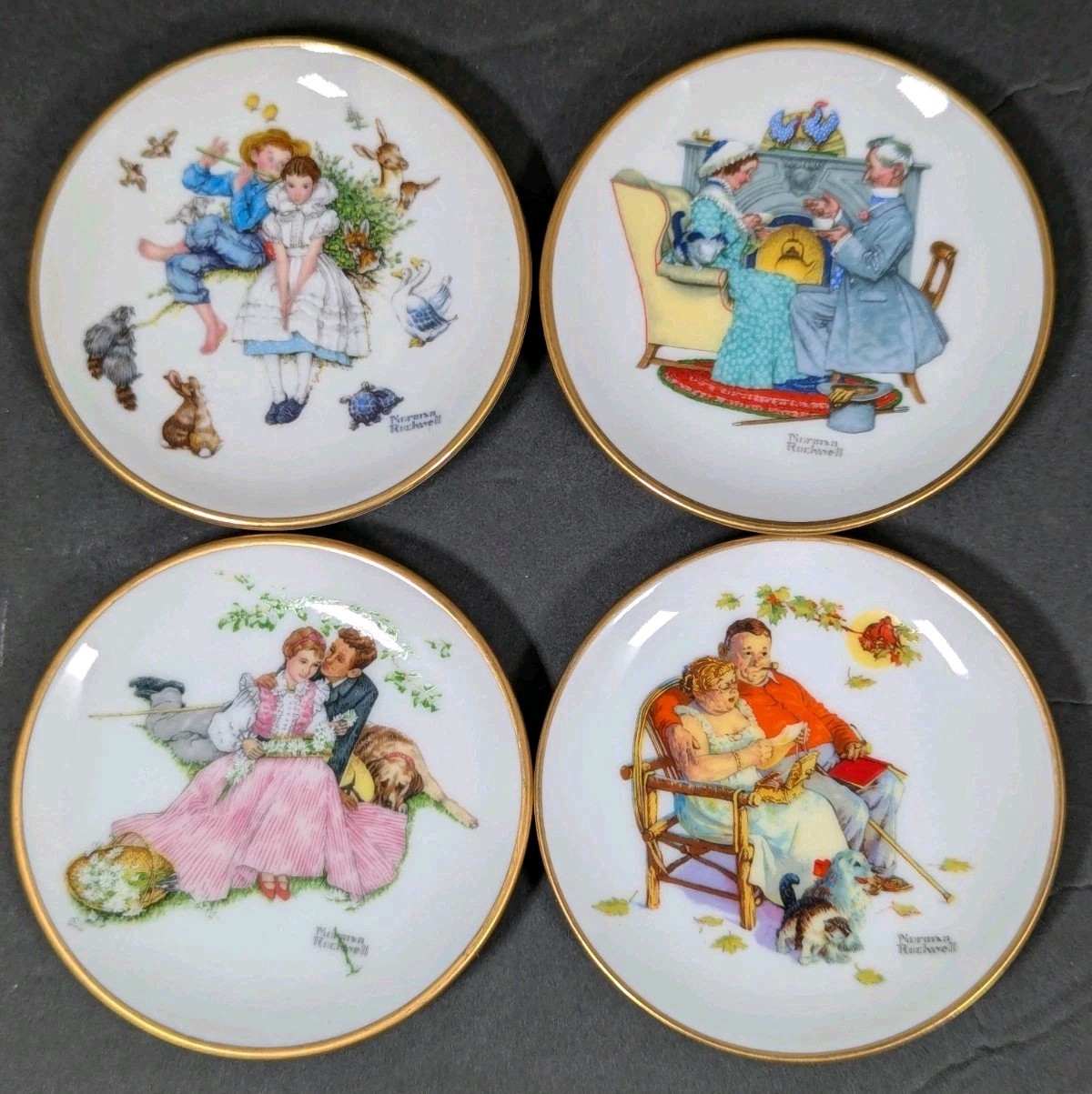 Vtg Set of (4) Gorham Norman Rockwell Four Seasons Series 1955 Mini Plates