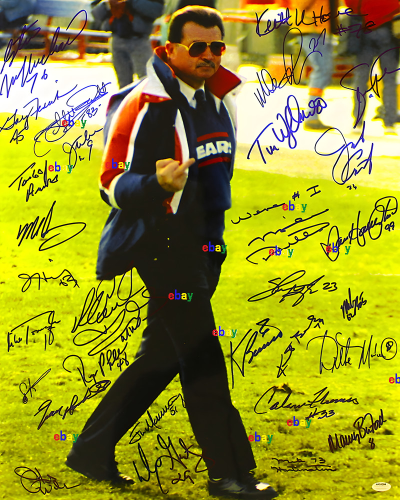 MIKE DITKA FINGER UP & 1985 BEARS TEAM SIGNED BY 30 REPRINT 8x10\