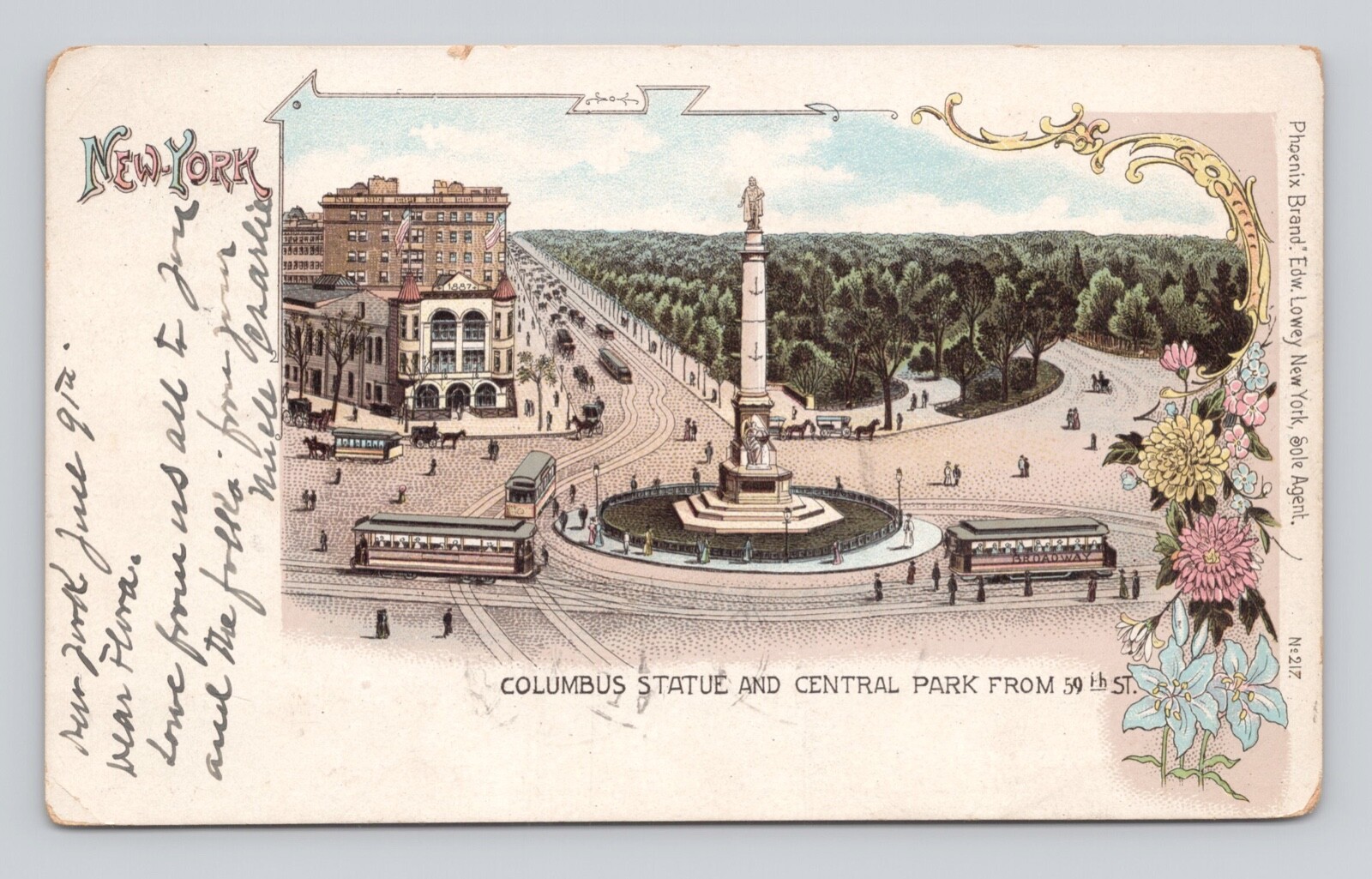 Postcard Private Mailing Card NY Columbus Statue Central Park 1902