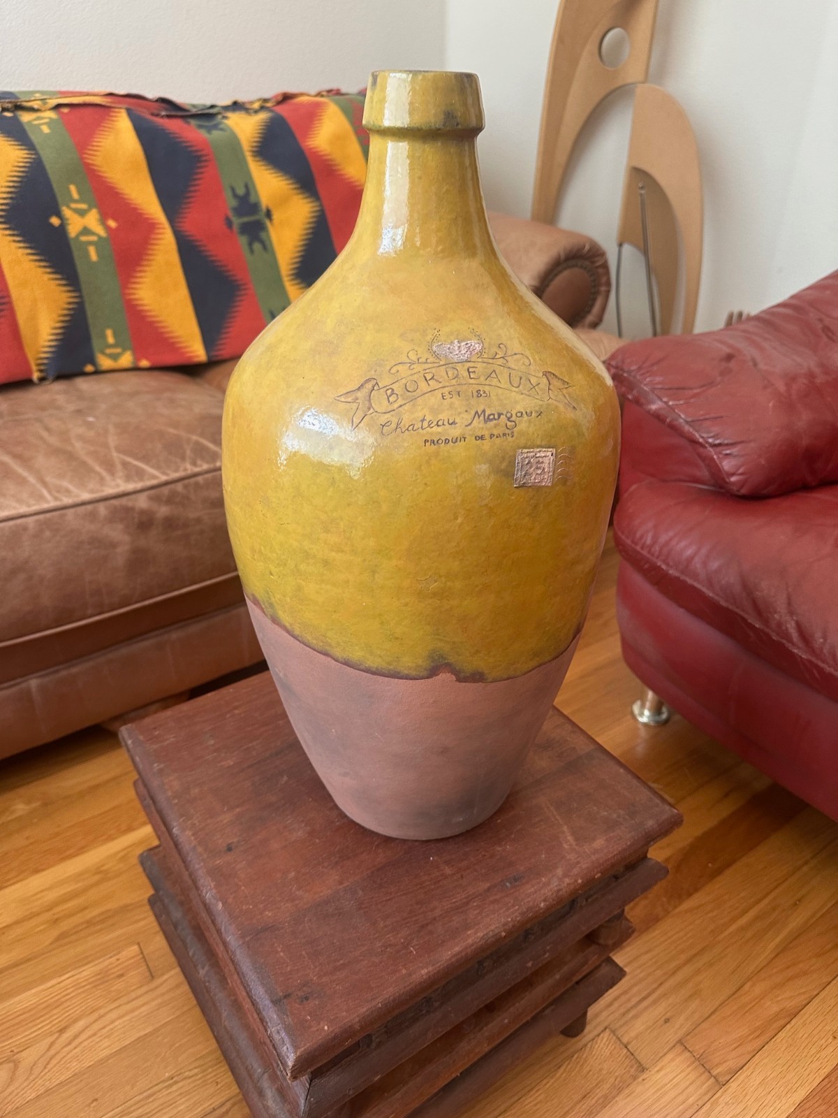 French Style Terracotta Wine jug - Château Margaux - Glazed Ochre Yellow - Large