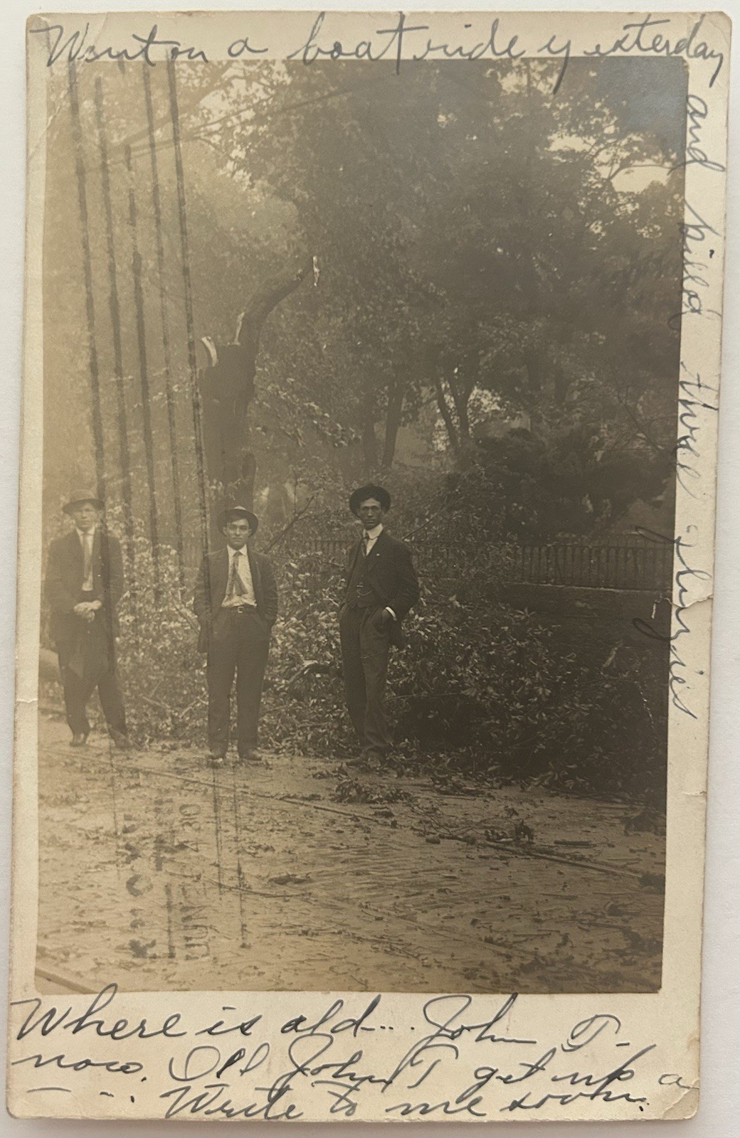 Vintage RPPC Three Men Boat Ride Early 1900s Original Photo Postcard Handwritten