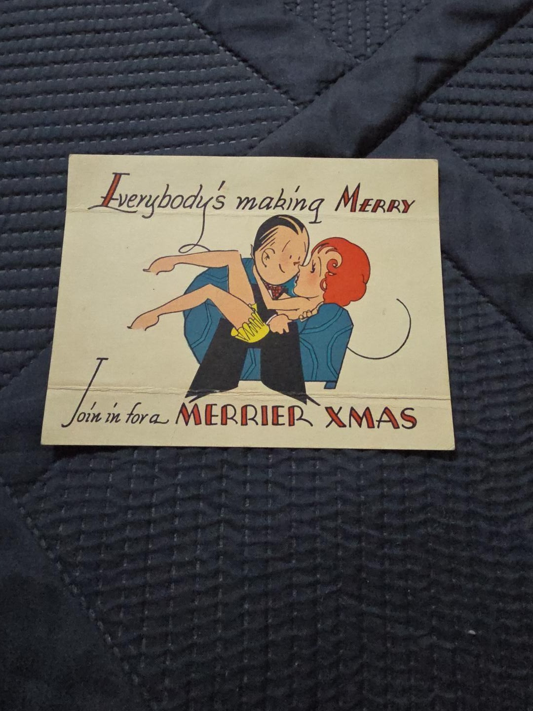 Antique Vintage 1930s Art Deco Risque Christmas Greeting Card Kissing Couple...