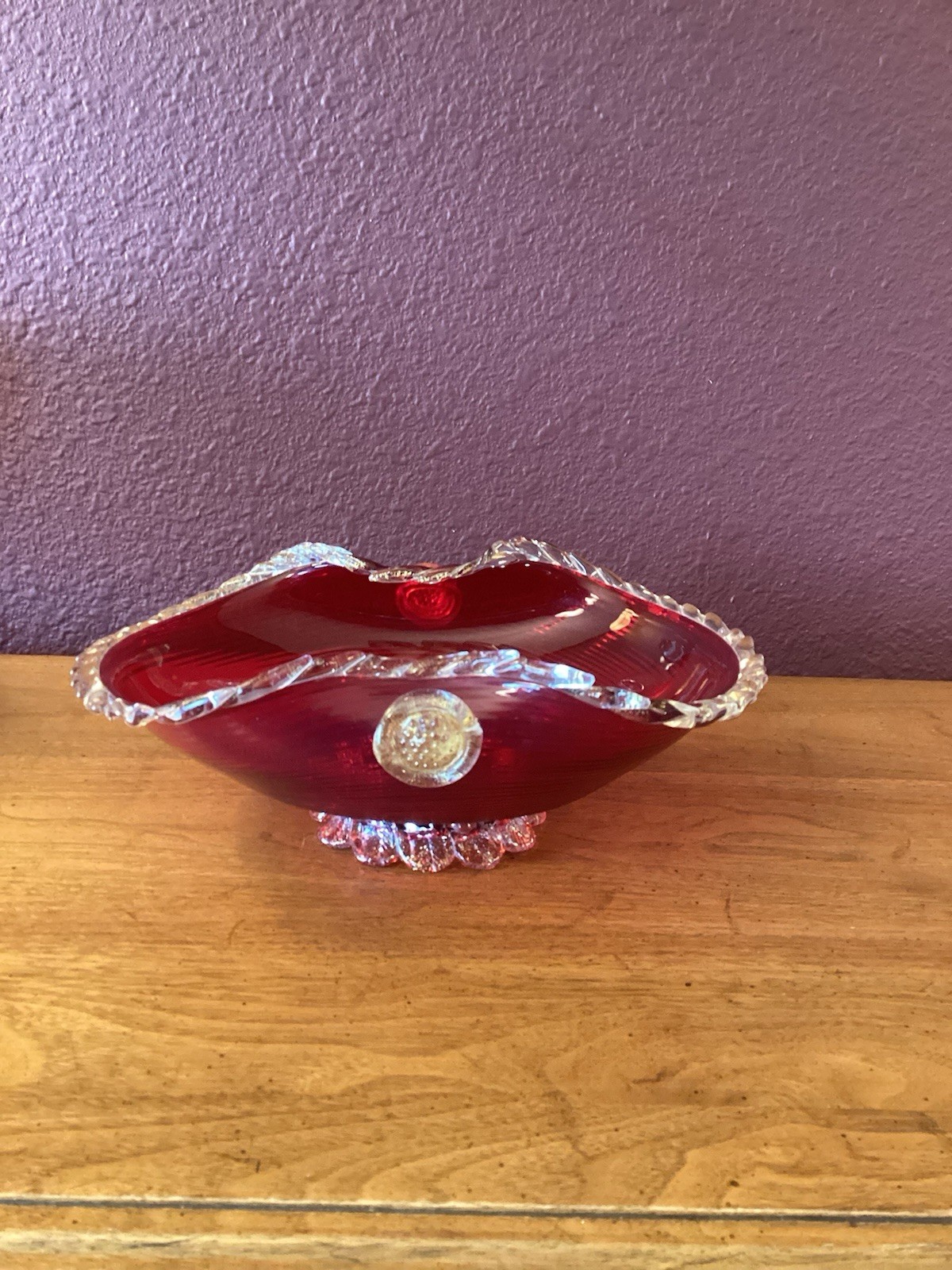 Vintage Murano Ruby Red Art Glass Bowl With Gold Aventurine Accents With Sticker