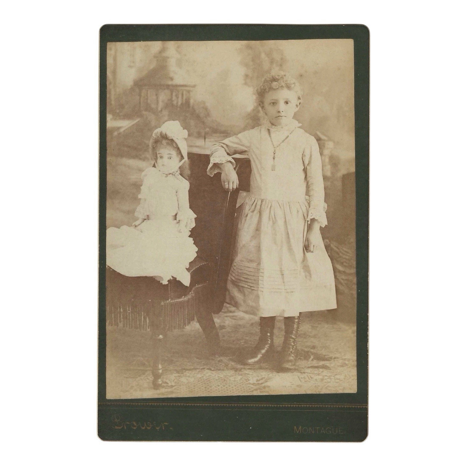 Antique Cabinet Card Photograph Girl with Huge Victorian Doll Bisque Toy 1890s