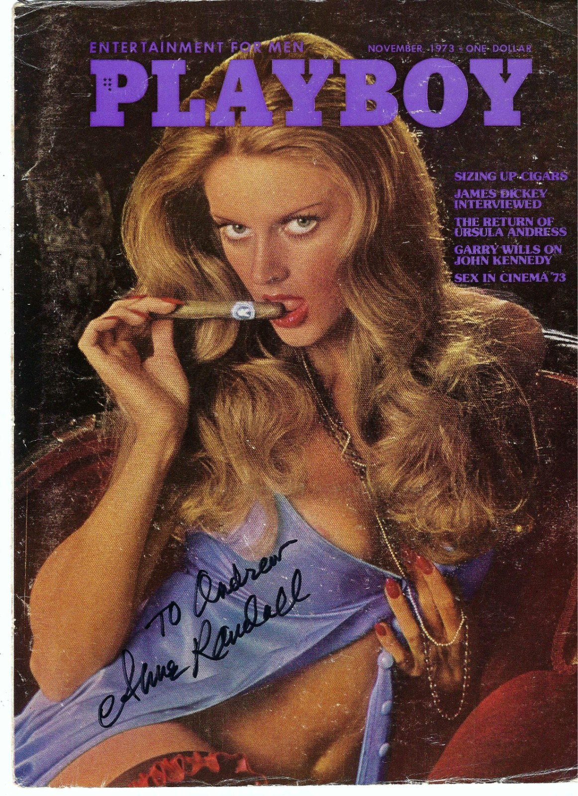 November 1973 Anne Randall Autographed Playboy Magazine Cover To Andrew