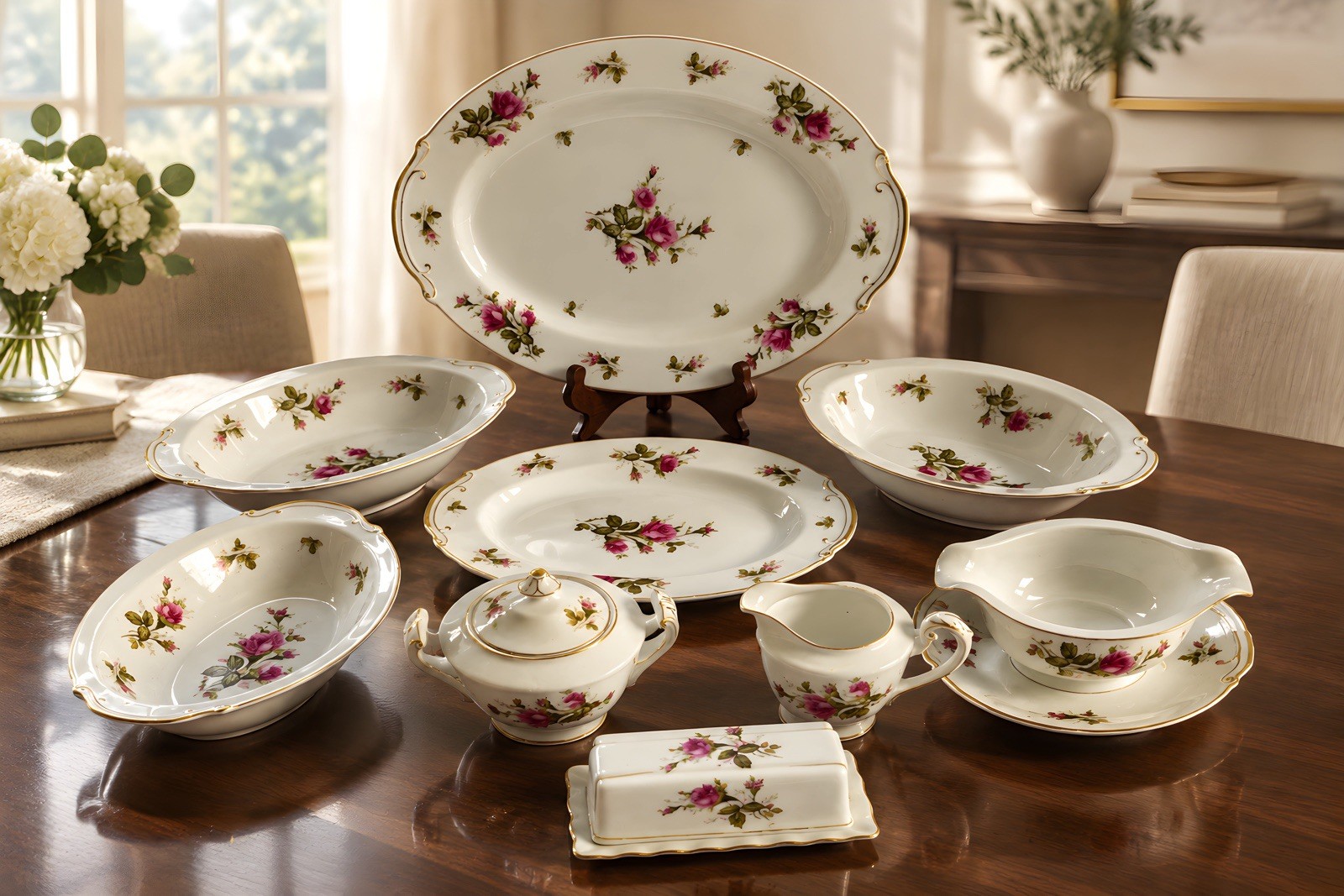 Vintage 9pc Floral Park Japanese porcelain serving set Moss Rose design 