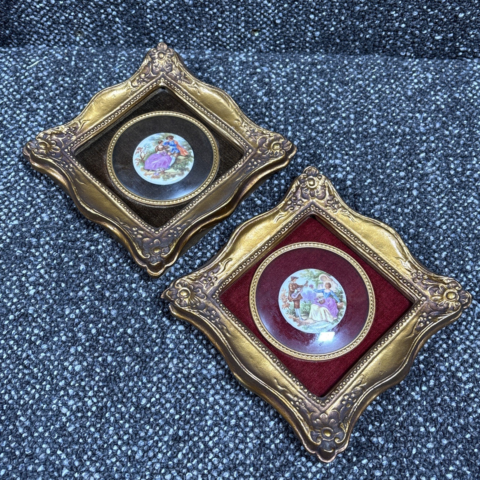 Vintage FRAGONARD Porcelain Courting Couple Gold Framed Plaques B&S Creations NY