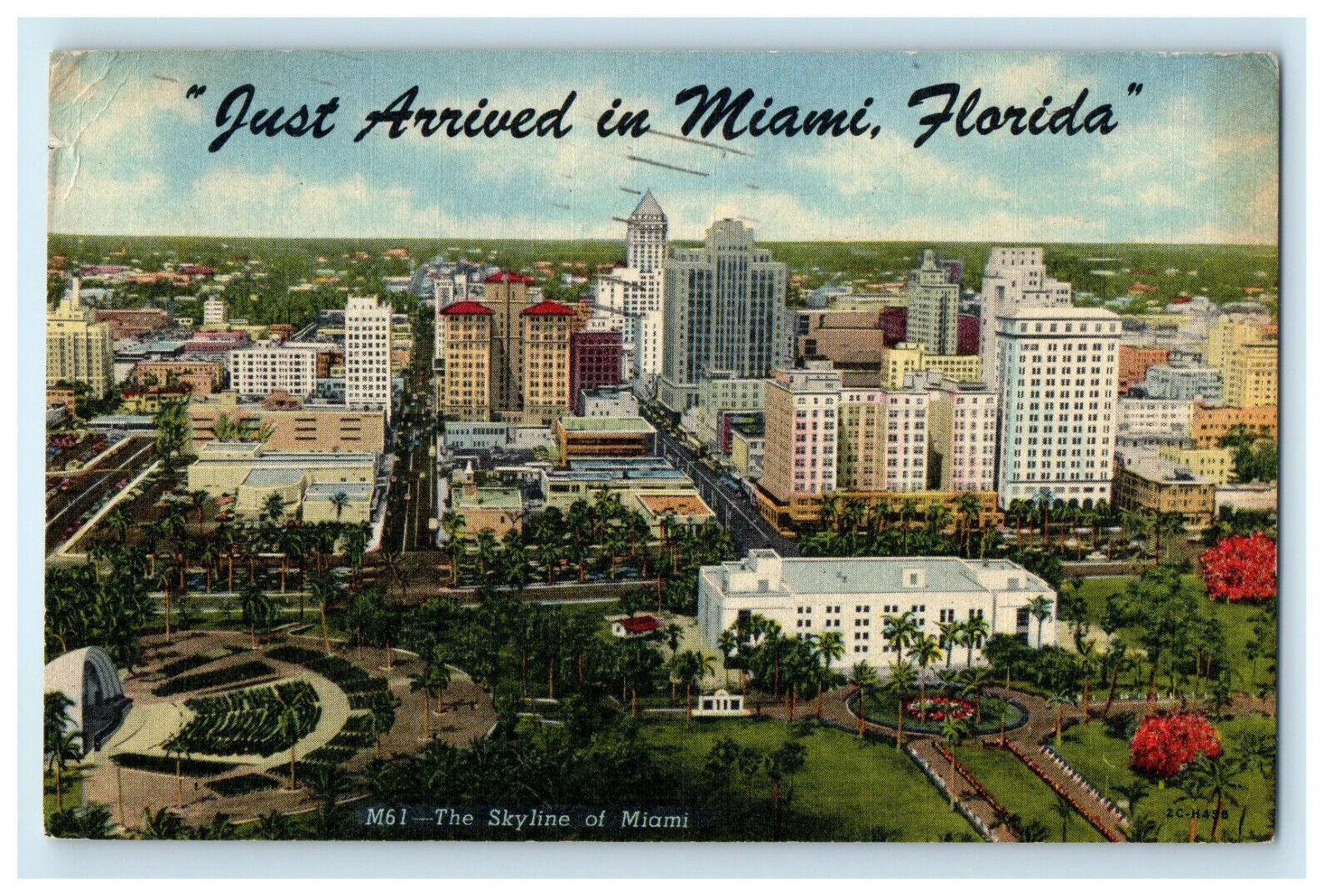 1956 The Skyline of Miami, Just Arrived in Miami Florida FL Cancel Postcard