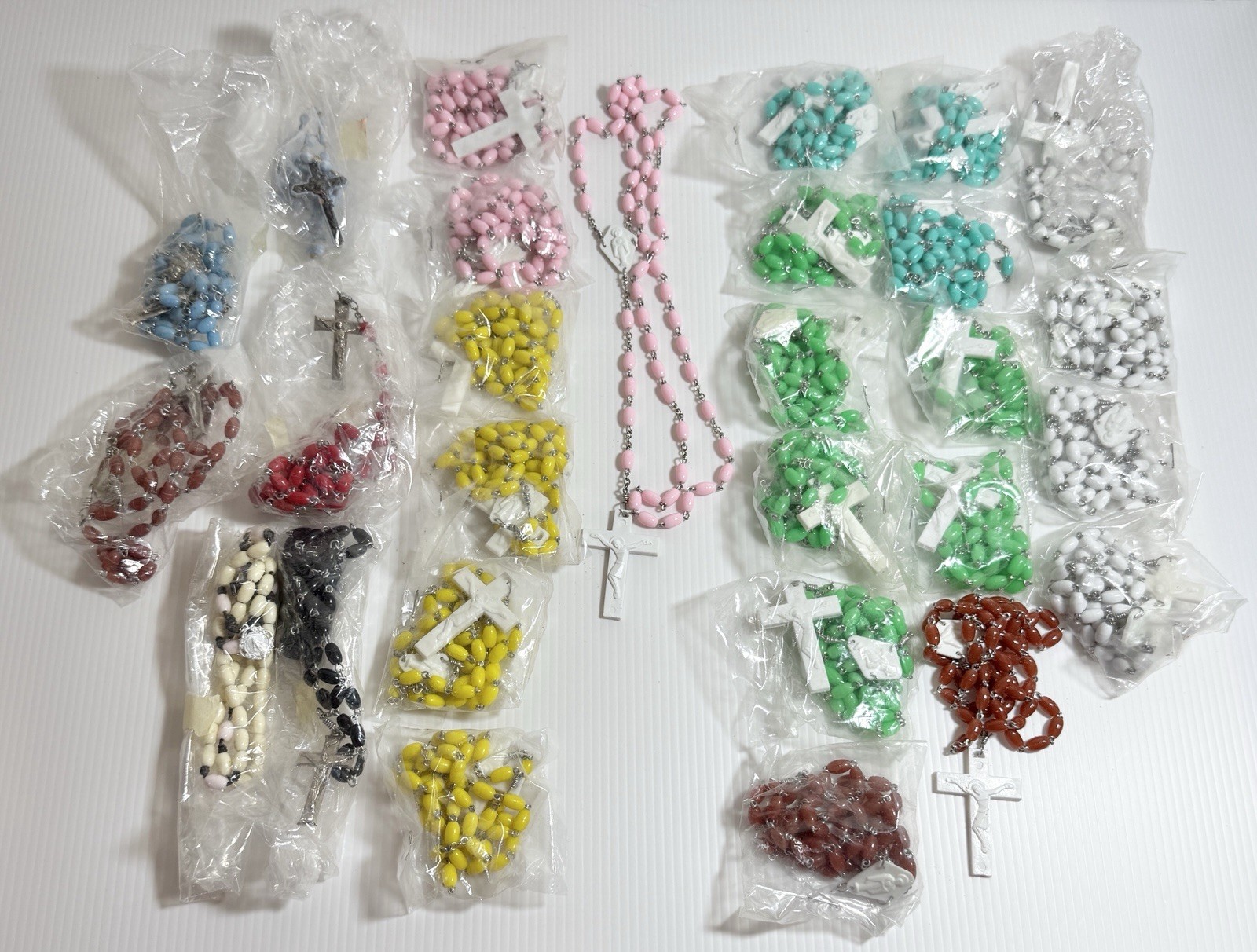 VTG Huge Lot Of 28 ROSARY Plastic Metal Pastel Assortment NOS Most In Package