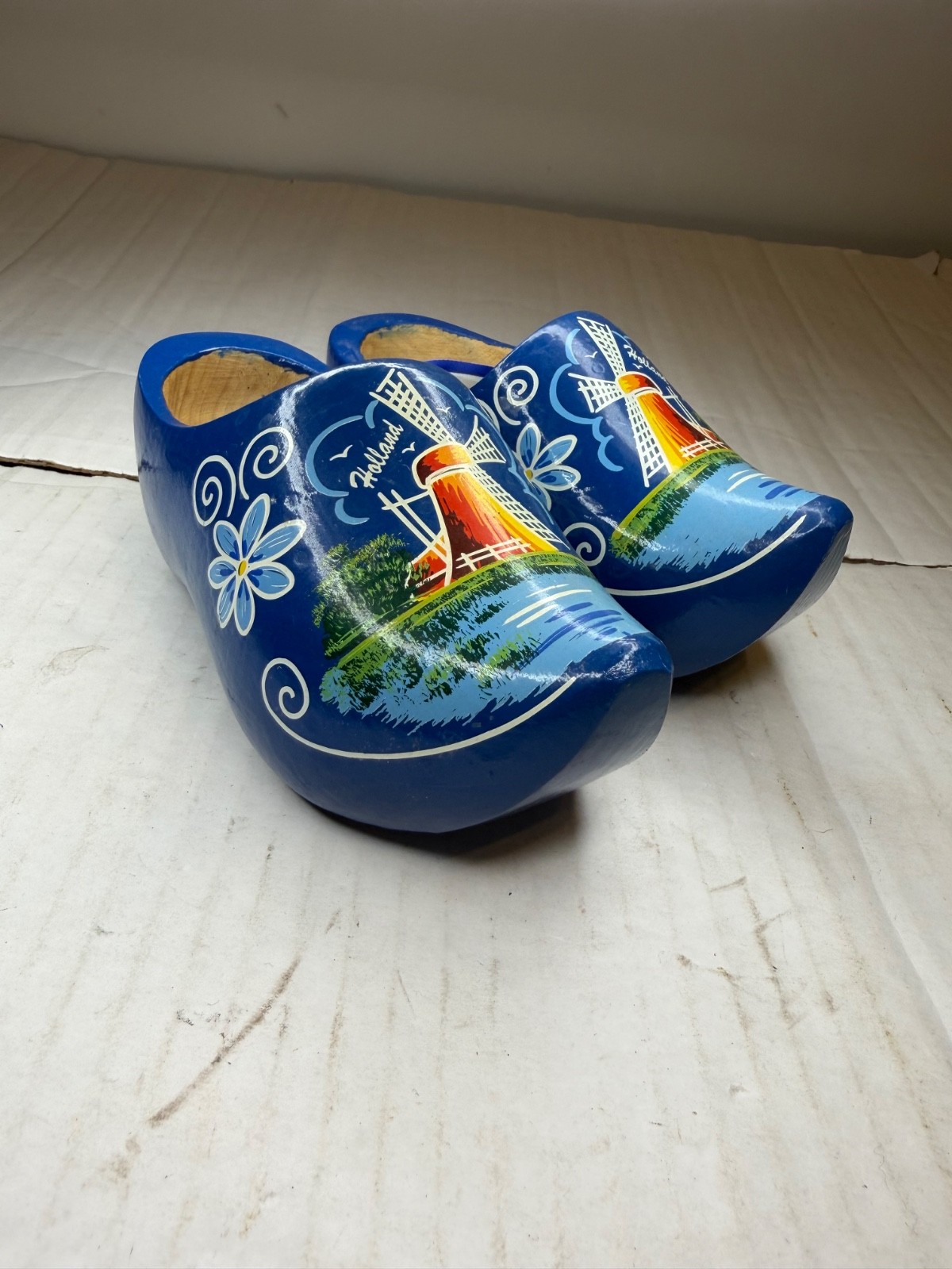 Vintage Dutch Wooden Klompen Clogs Blue Hand Painted Windmill Floral Decor