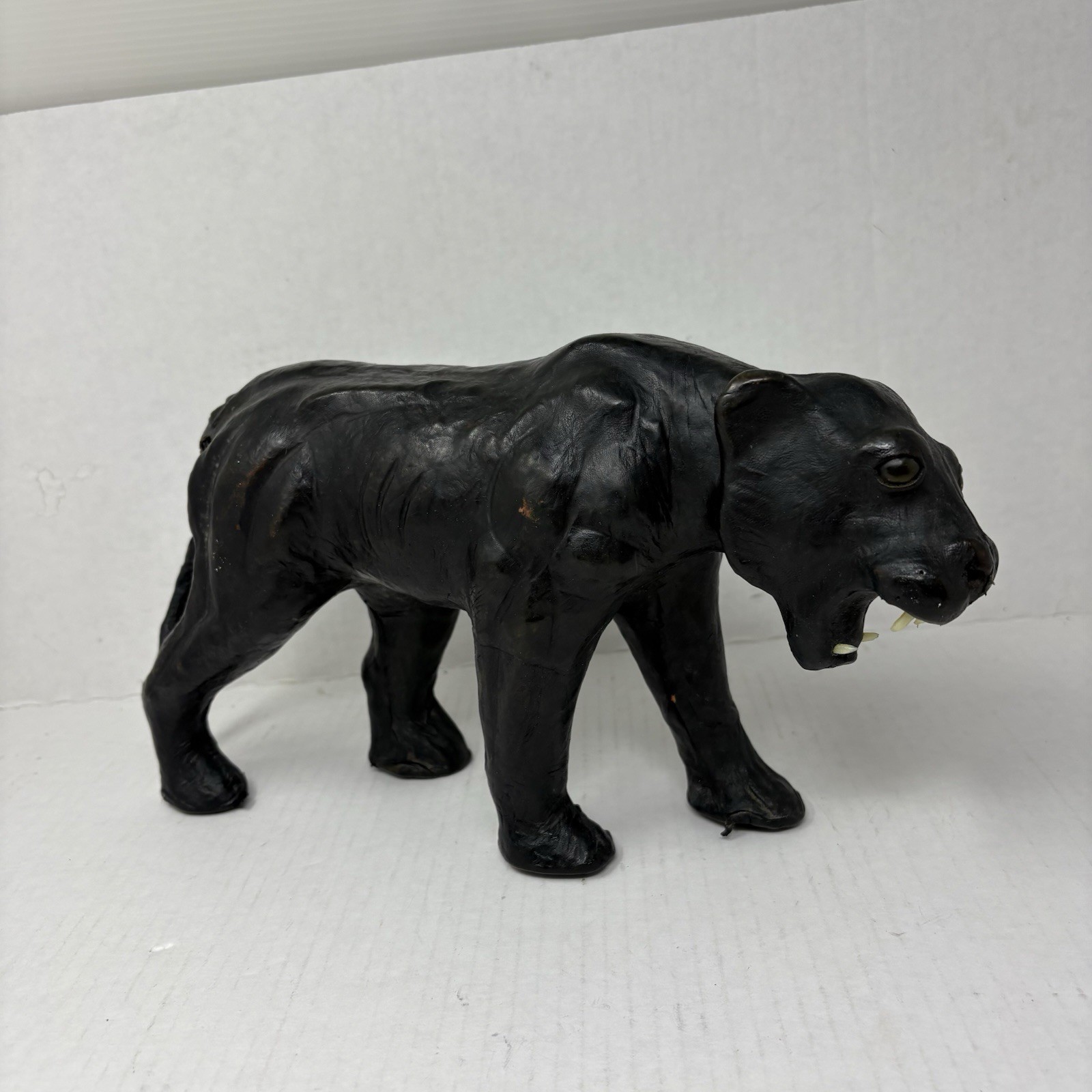 Vintage Mid Century Leather Wrapped Black Panther Figurine Statue Roaring MCM