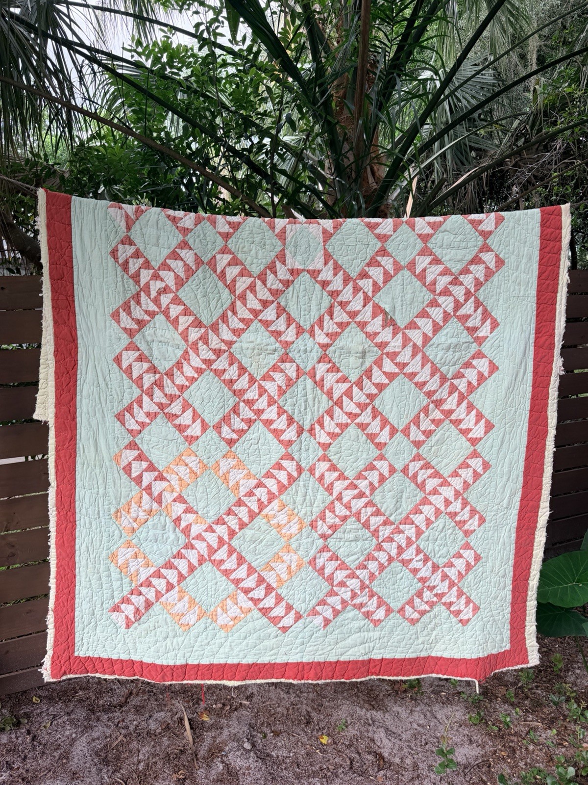 Antique Handmade Flying Geese Quilt 1930s Mint Green Red Cotton 83x56 Folk Art