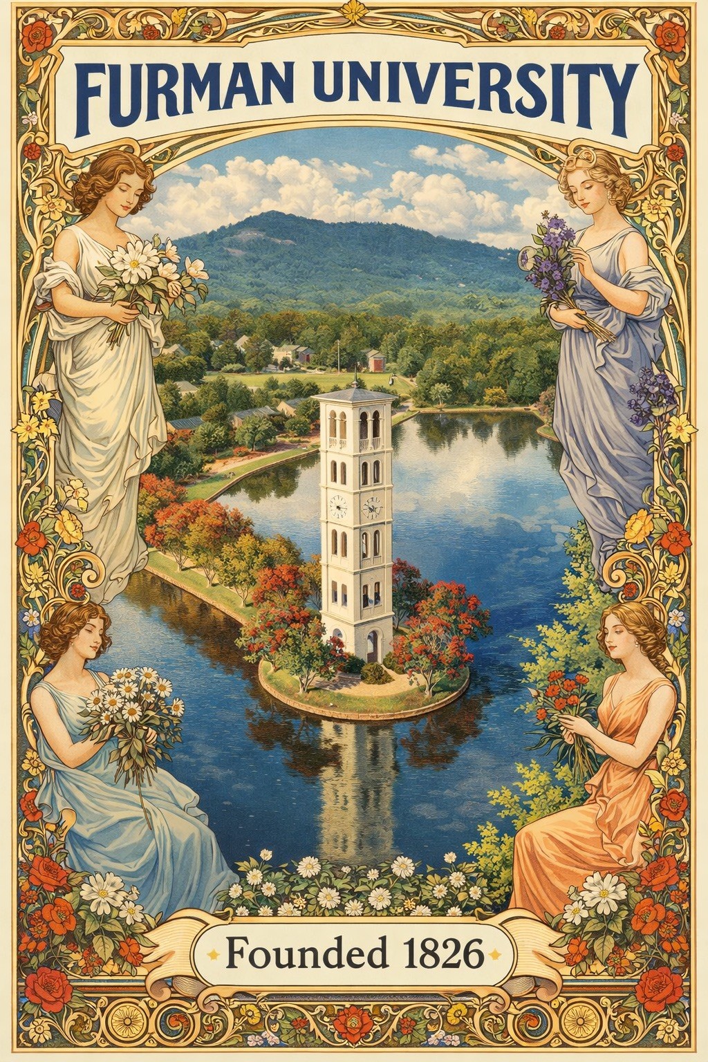 🌿 Furman University Art Poster - 24x36” Vintage Design 1826 🎨 Premium Matte
