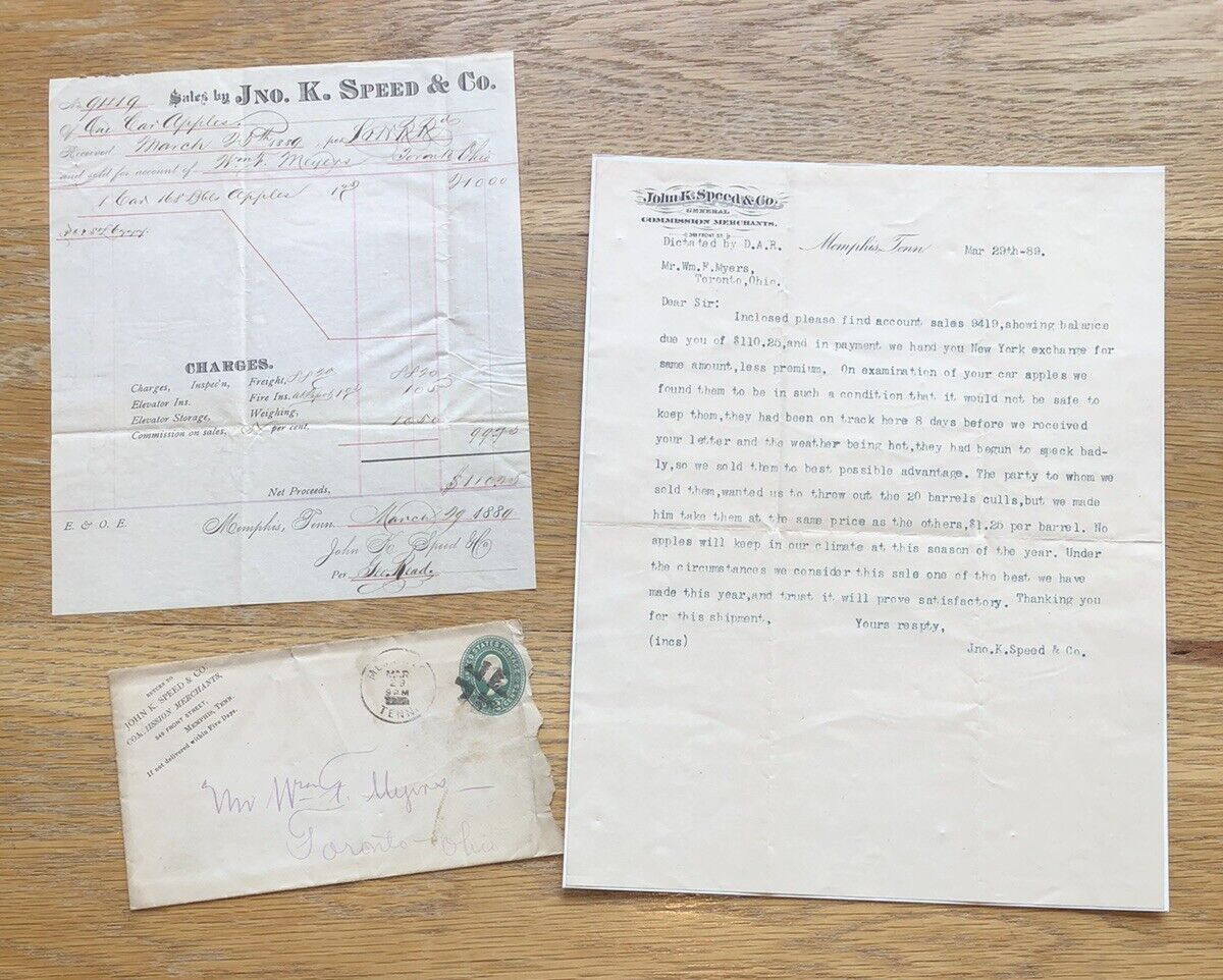 1889 Billhead, Letter and Envelope - John K. Speed & Co. Memphis, Tennessee