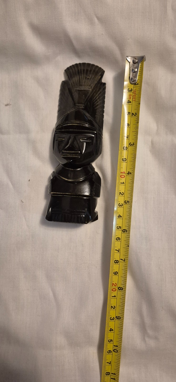 VINTAGE HAND-CARVED MEXICAN OBSIDIAN STONE STATUE OF AZTEC OR MAYAN GOD OR IDOL.
