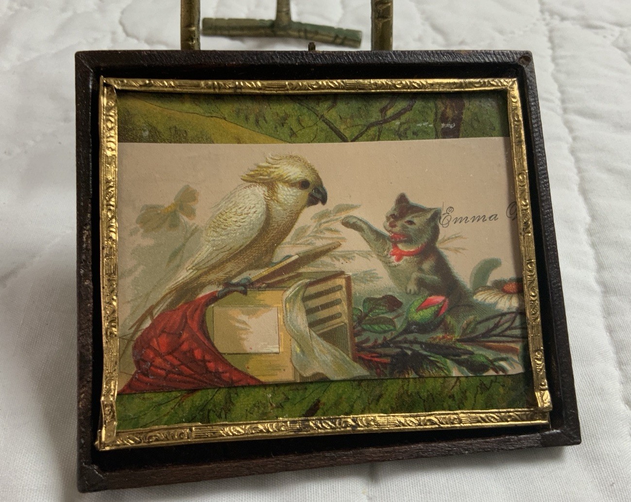 Antique Victorian Trade Card Ephemera Framed, Union Case, Kitty Cat With Dove