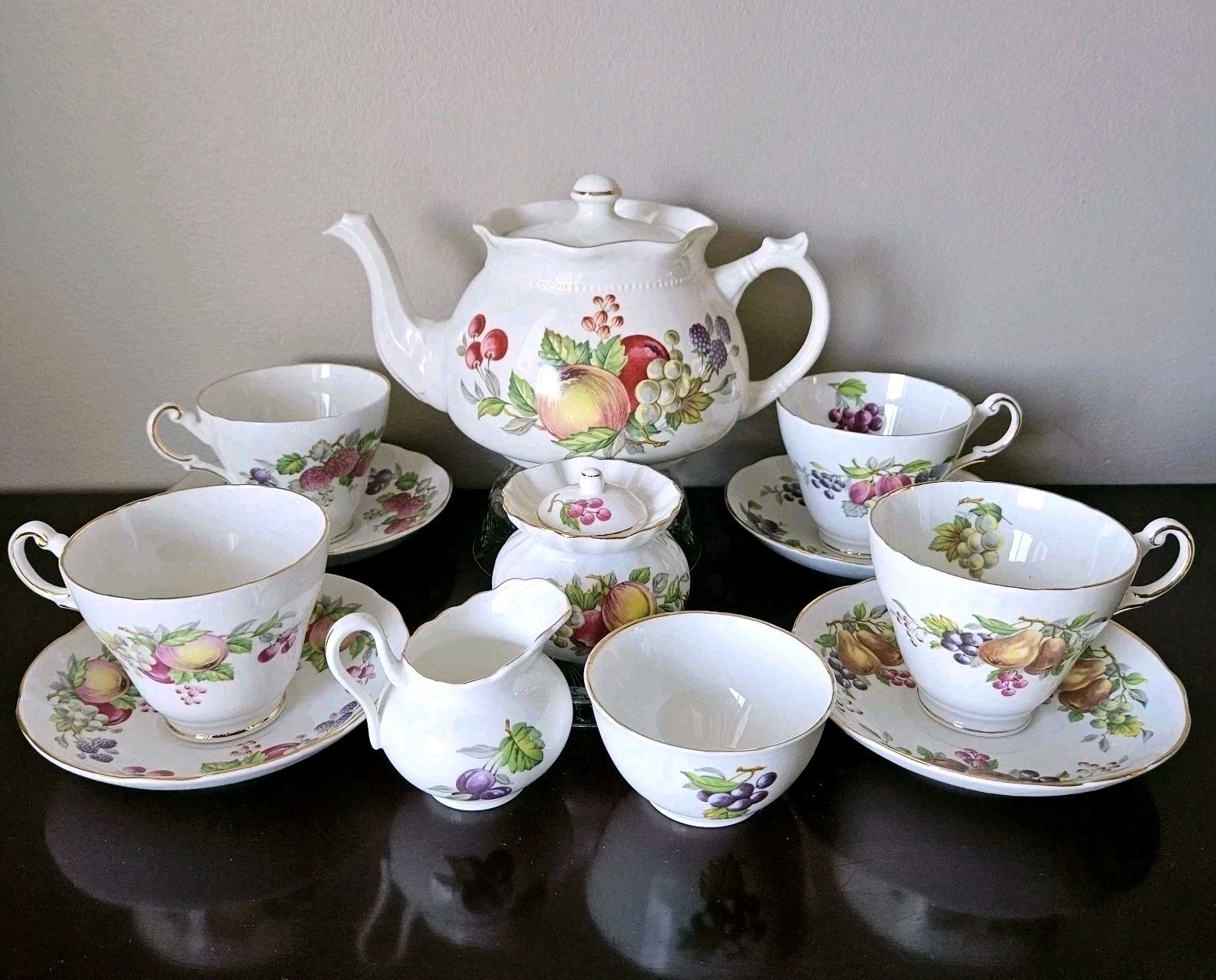 Tea Set Arthur Wood Teapot Regency Teacups Sugar Creamer Jam Jar Fruit Pattern 