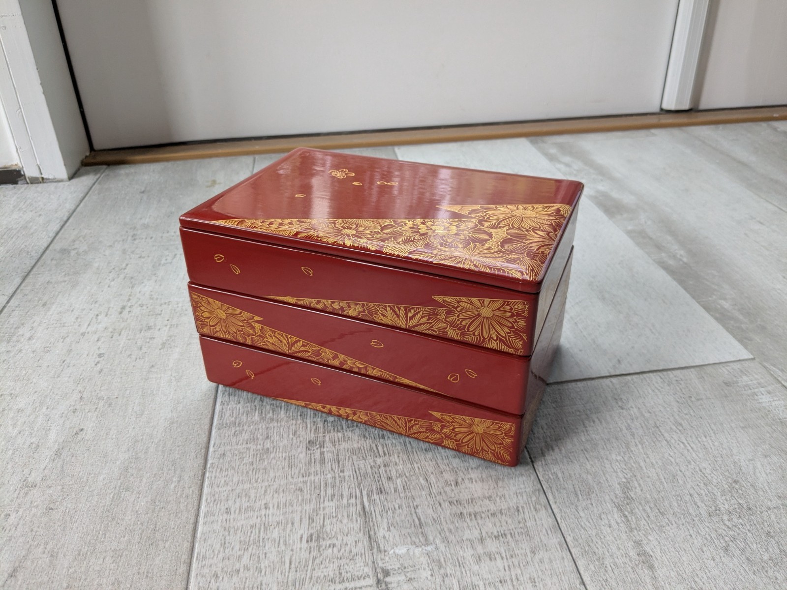 Vintage Japanese lacquerware red and gold stackable box from Wajima