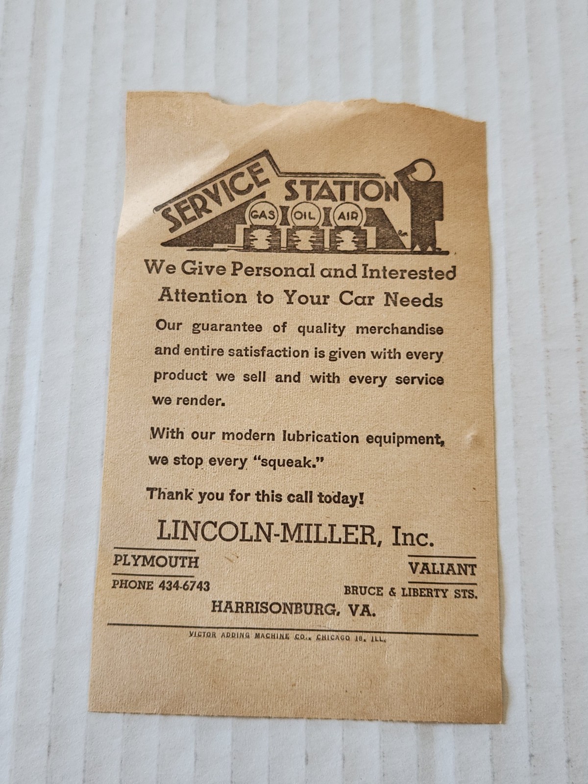 Vintage 1960s PLYMOUTH Motors Gas Oil Advertising Lincoln Miller Harrisonburg VA