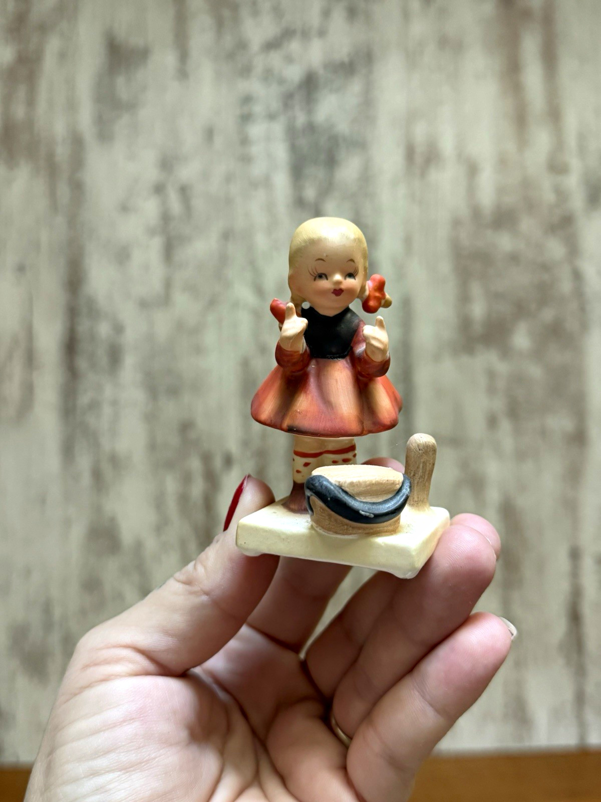 Vintage-Nikko Hand Painted Ceramic Girl Figurine, Orange Dress, 1950s