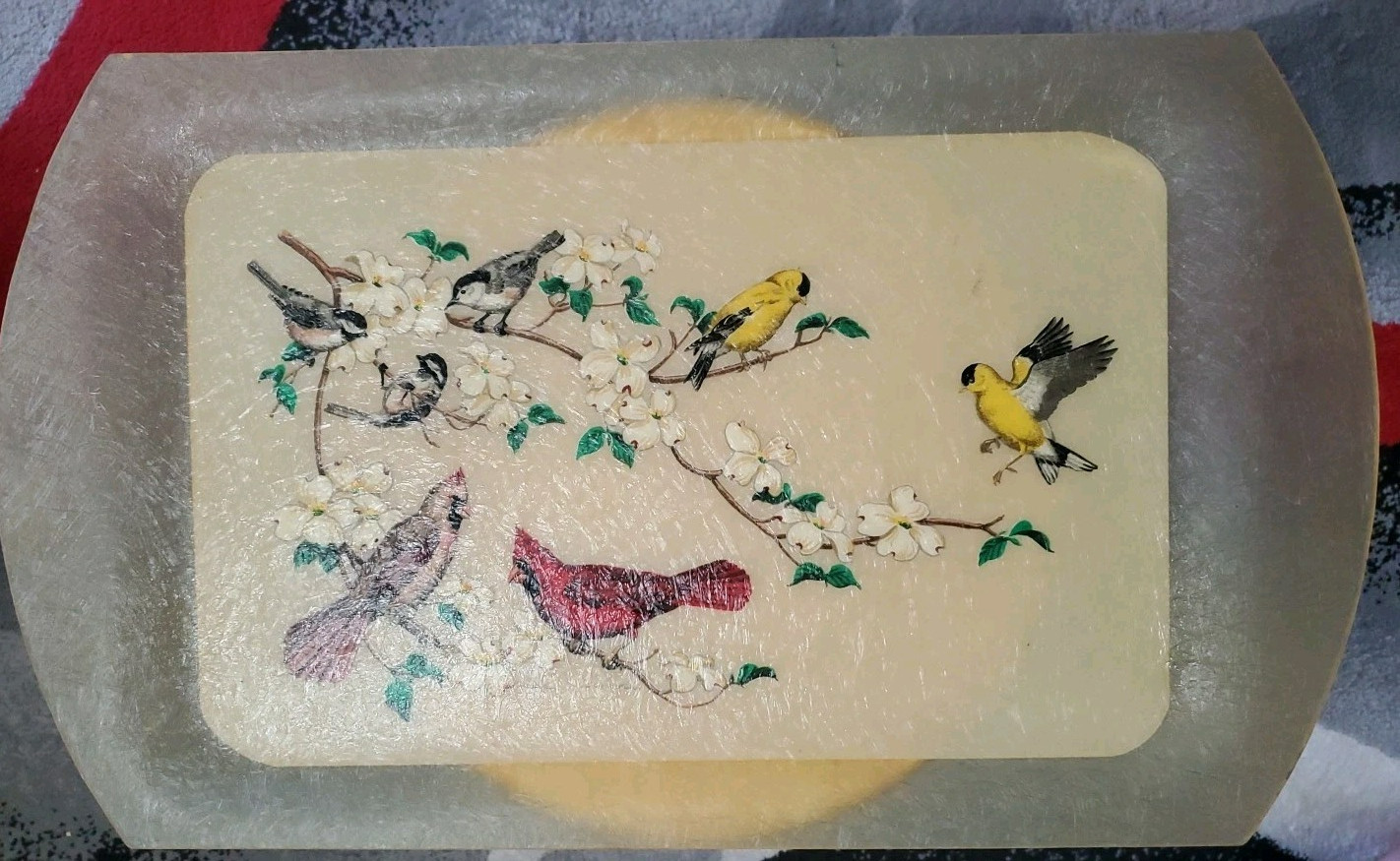 Vtg 1960s Grace Gilmore Fiberglass Tray MCM Songbird Cardinal Goldfinch Dogwood
