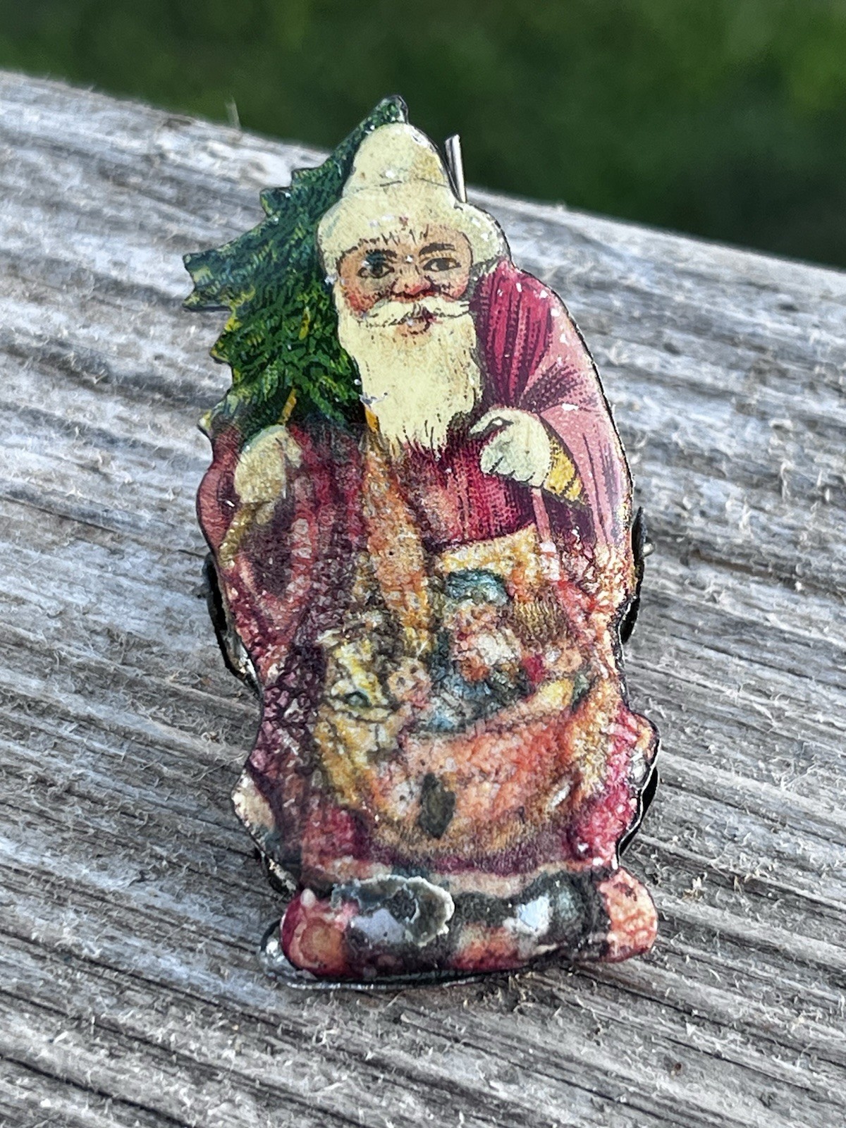 ORIGINAL 1890s FIGURAL TIN CHRISTMAS TREE CANDLE CLIP ORNAMENT SANTA