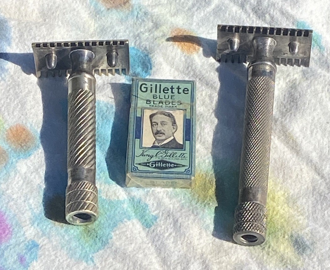 Vintage Antique Gillette 3 Piece BIG FELLOW & BULLDOG +5 Blue Blade Blades