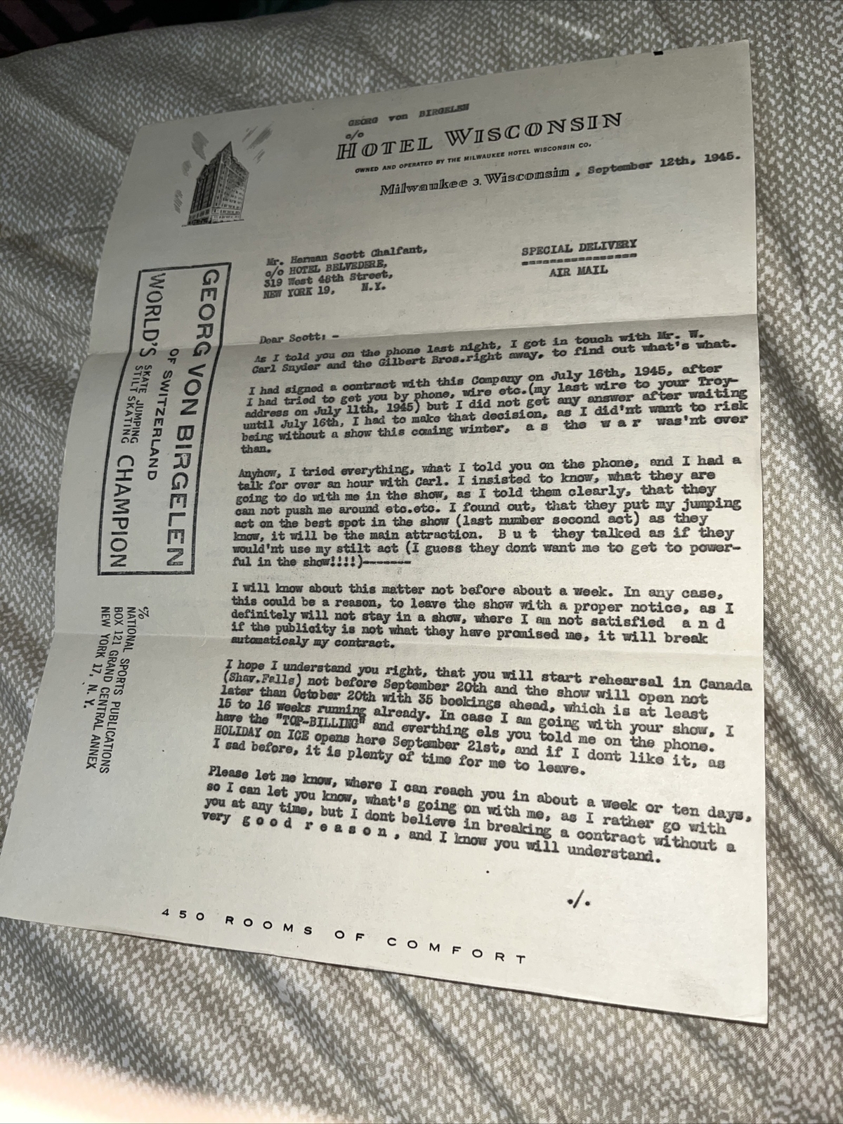 Old Ice Skating Champion Contract Letter Hotel Wisconsin Letterhead Milwaukee