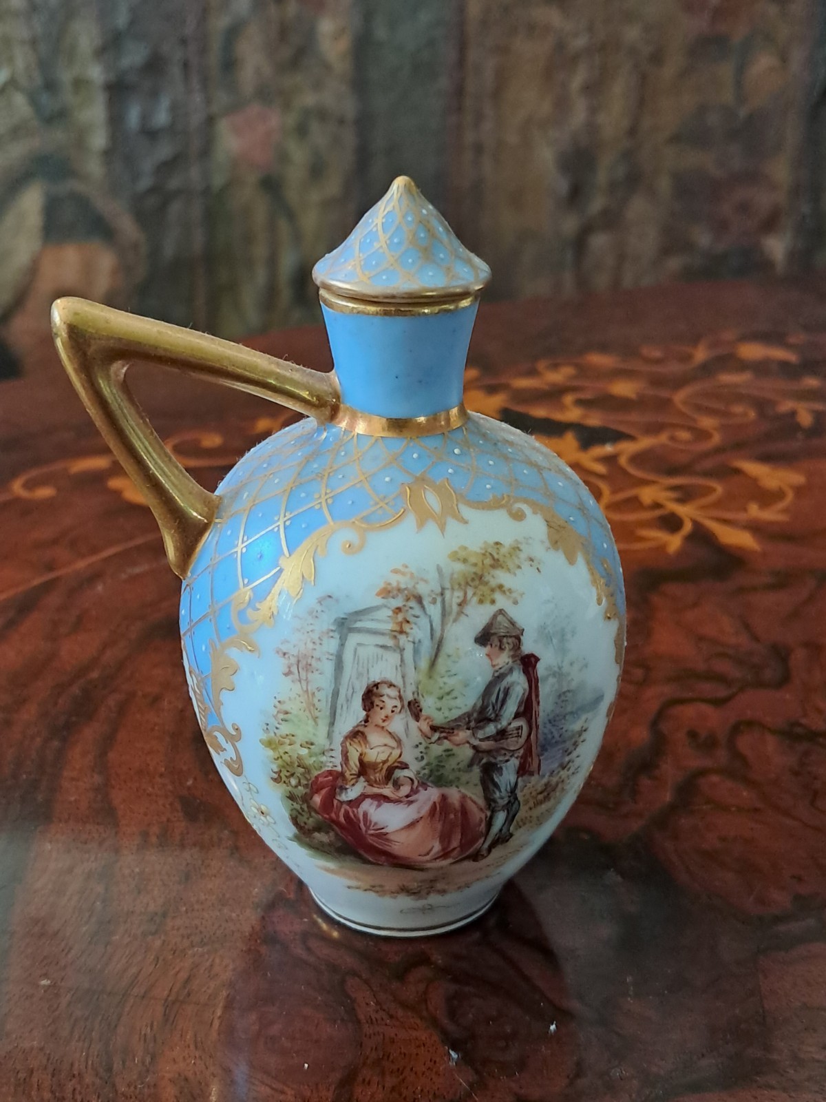 Superb Antique Donath & Co Dresden Jeweled~Watteau~Perfume Bottle, Handpainted