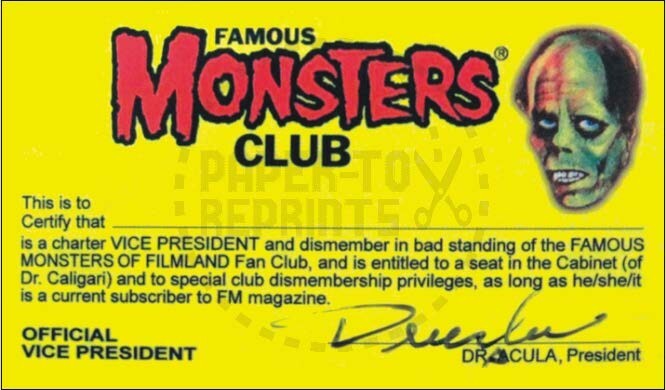 FAMOUS MONSTERS CLUB MEMBERSHIP CARD - VINTAGE REPRINT